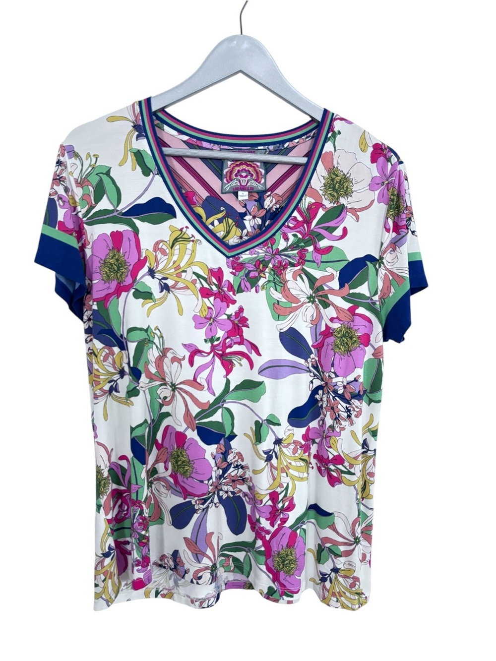 Johnny Was White Floral V-Neck Short Sleeve Top with Pink & Green Accents